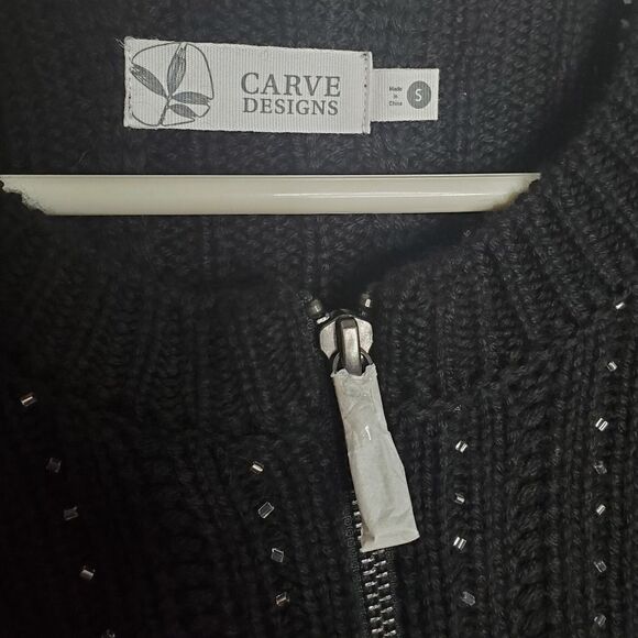 Carve Designs Black Wool Zip Up Cardigan Sweater Beaded Embellished - Picture 6 of 10